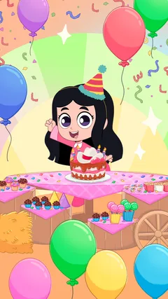 A Boiadeirinha de chapéu de festa com o bolo de aniversário na mesa
